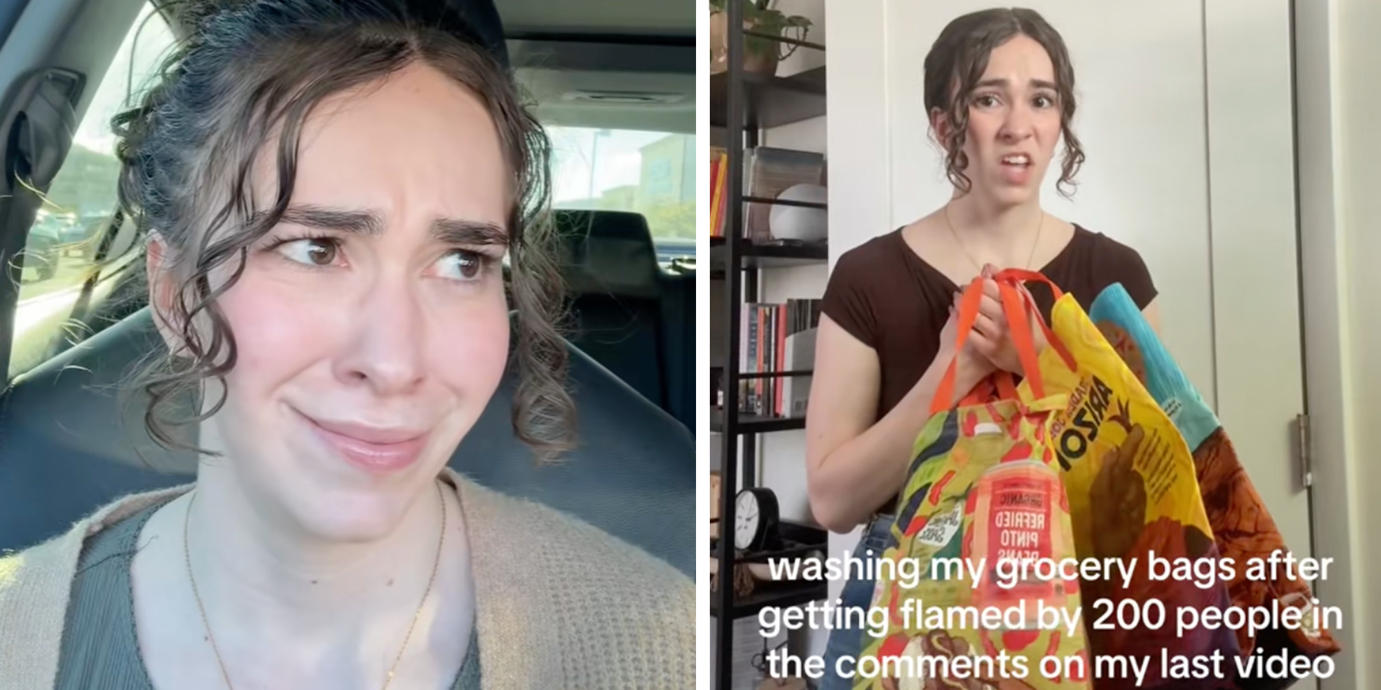 Left: Woman in a car. Right: Woman holding Trader Joe's reusable grocery bags, text overlay reads, "Washing my grocery bags after getting flamed by 200 people in the comments on my last video."