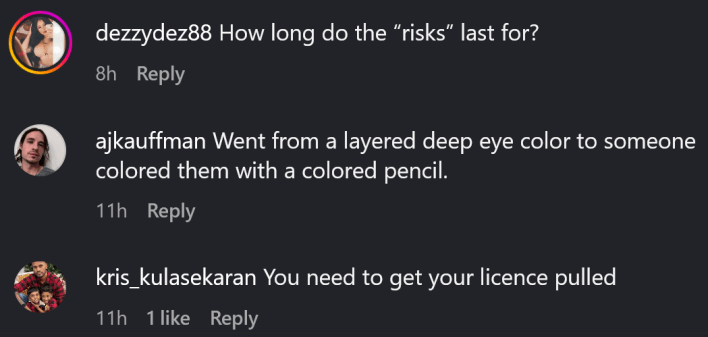 Instagram comments including one reading "Went from a layered deep eye color to someone colored them with a colored pencil."