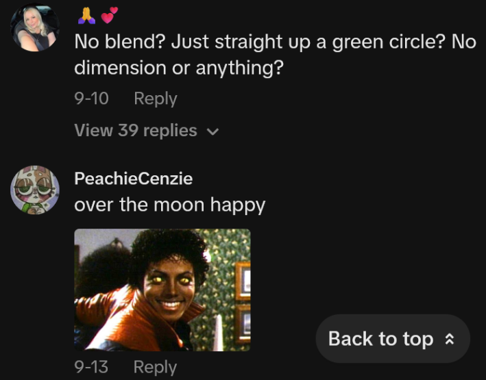 TikTok comments including one reading "No blend? Just straight up a green circle? No dimension or anything?"