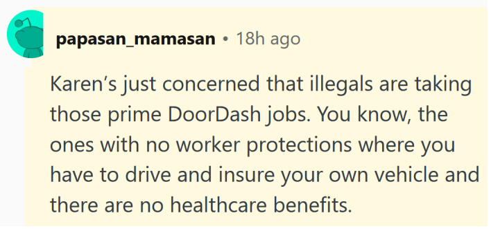 Reddit comment reading "Karen’s just concerned that illegals are taking those prime DoorDash jobs. You know, the ones with no worker protections where you have to drive and insure your own vehicle and there are no healthcare benefits."