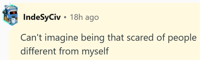 Reddit comment reading "Can't imagine being that scared of people different from myself"