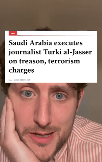 A man leaning his chin in his hand with a screenshot of a news article about Saudi Arabia executing a journalist for alleged treason and terrorism charges.