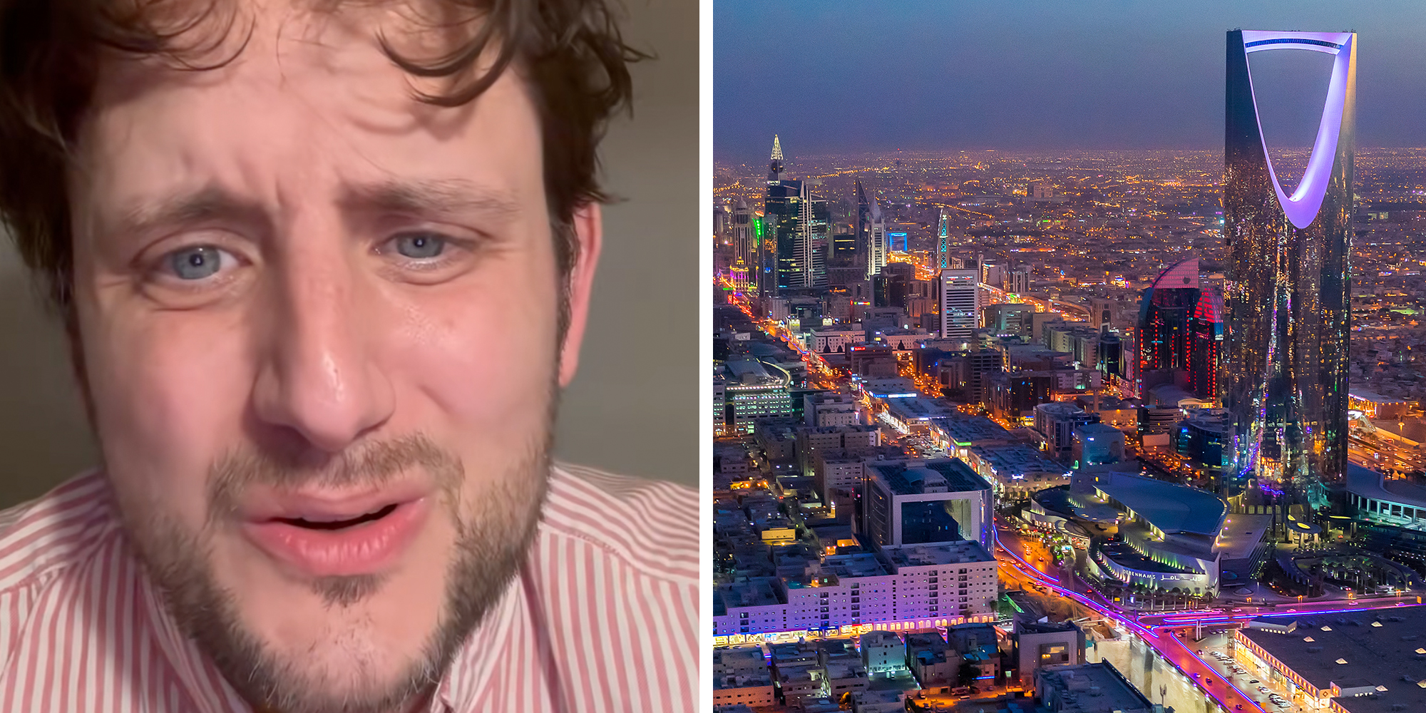 Left: Comedian Zach Woods looking into the camera. Right: Skyline nighttime view of Riyadh, Saudi Arabia.