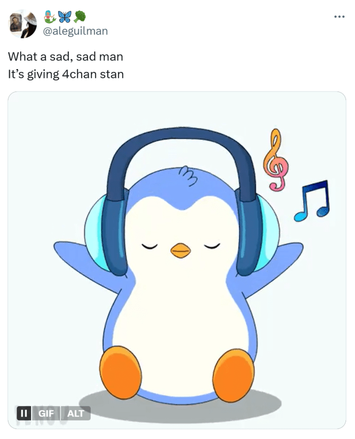 4chan stan tweet reaction with a GIF of a penguin vibing with the song.
