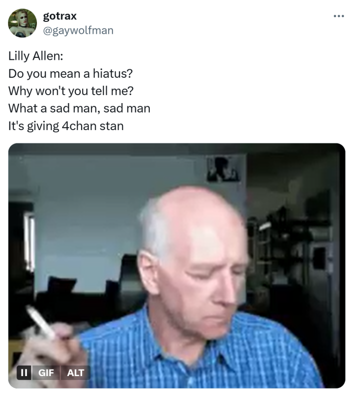 4chan stan tweet reaction with the chorus lyrics and an old man smoking a cigarette.