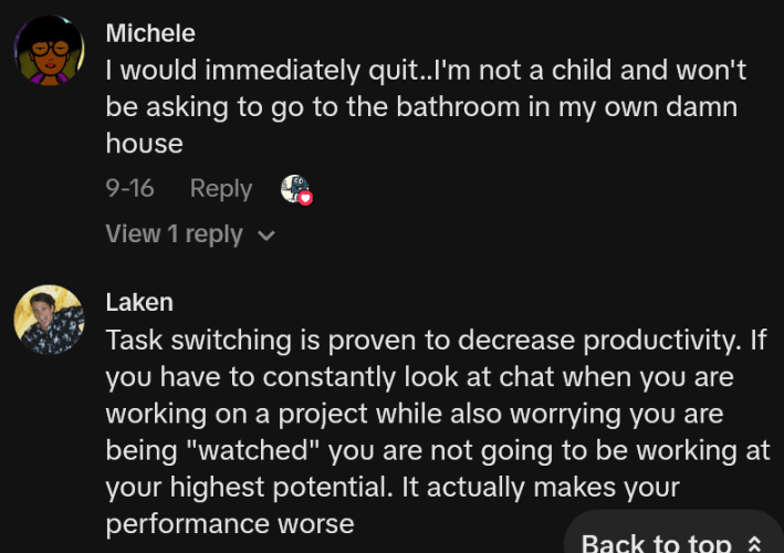 TikTok comments including one reading "I would immediately quit..I'm not a child and won't be asking to go to the bathroom in my own damn house"