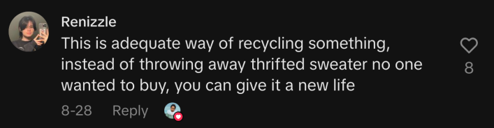 “..Instead of throwing away a thrifted sweater no one wanted to buy, you can give it a new life.”