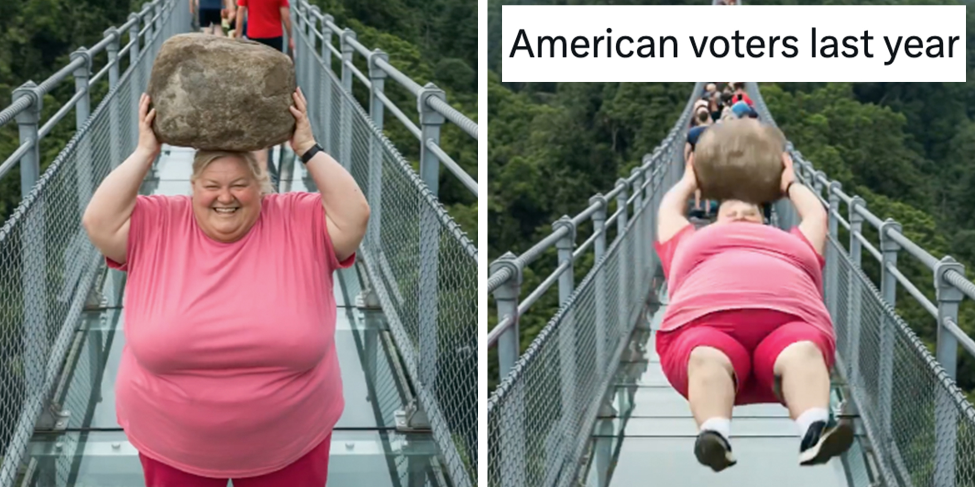 A large, grinning white woman in a pink T-shirt and red shorts is standing at the end of a glass bridge posing for the "camera." A still of her falling backwards. Text overlay reads, "American voters last year."