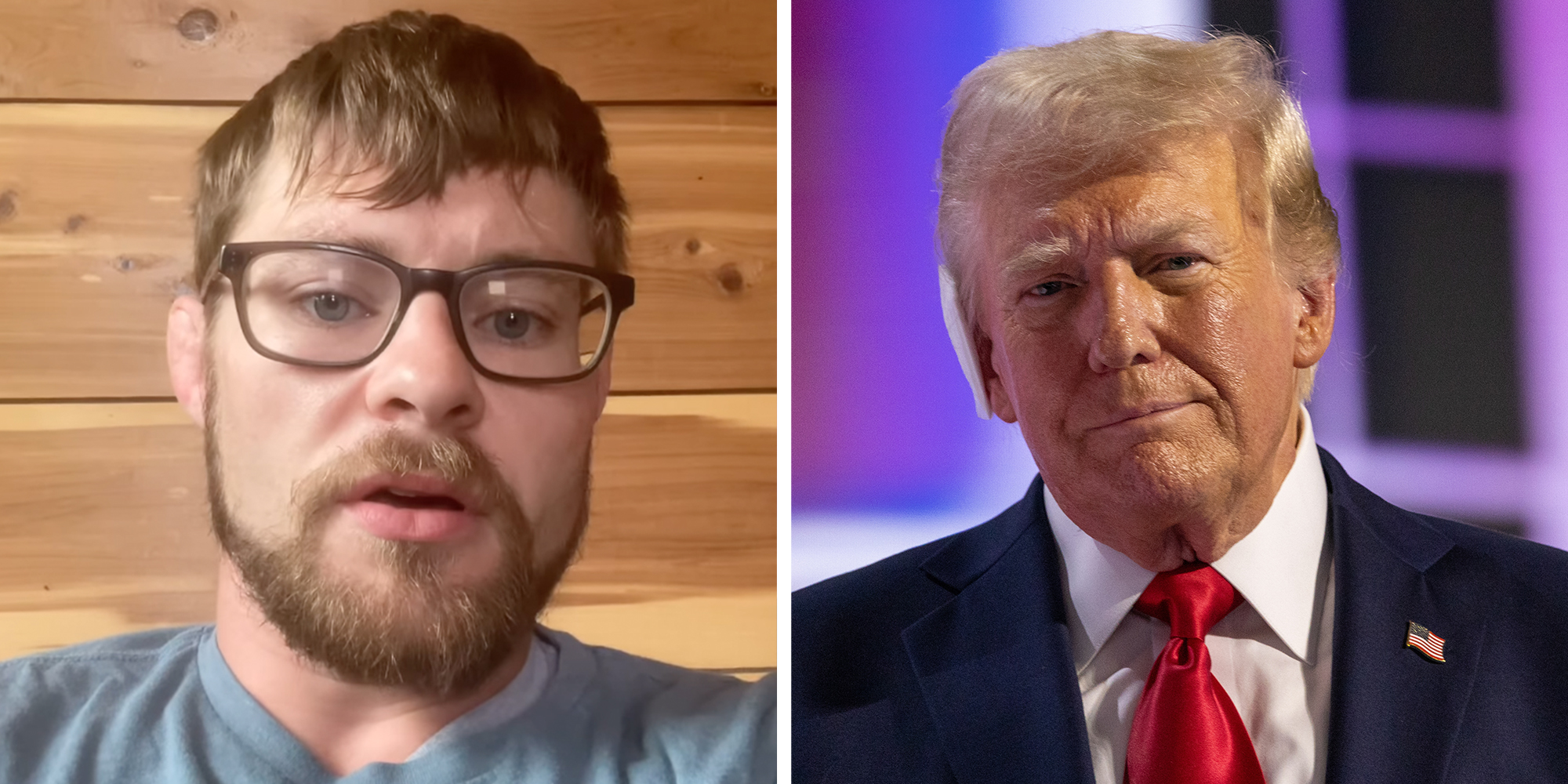 Left: UFC featherweight Bryce Mitchell wearing glasses speaking into the camera. Right: President Donald Trump at the Republican National Convention in 2024 with a bandage over his ear, wearing a silky red tie and navy suit.