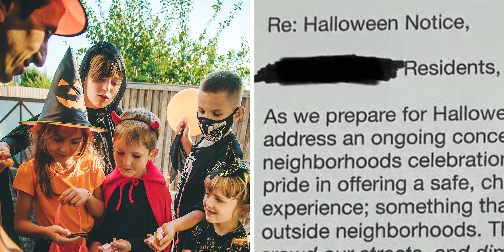 Left: Children celebrate Halloween dressed up in costumes and trick-or-treating while an adult man hands out candy. Right: Letter from an HOA, cut off.