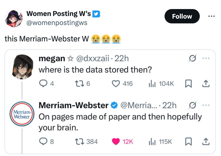 Screenshot of Merriam-Webster's clapback, with the text, "this Merriam-Webster W (sob emojis)"