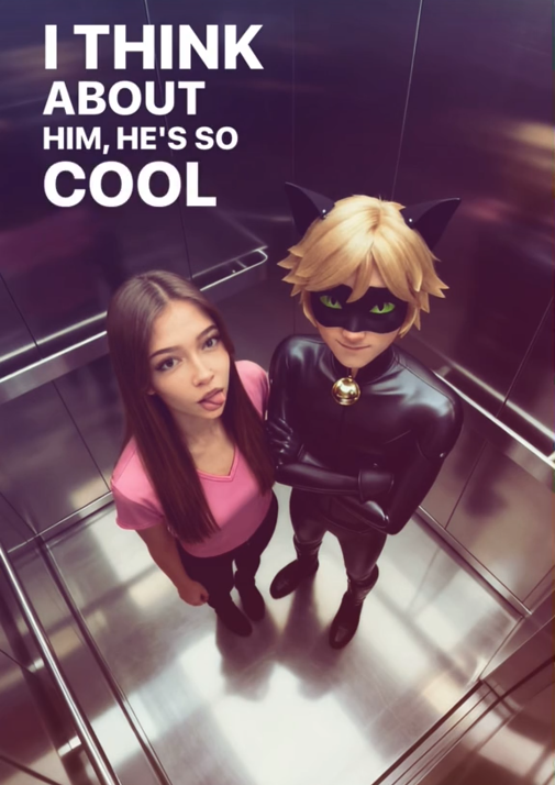 TikTok AI celebrity elevator trend video featuring a young woman next to a superhero character in a cat costume.
