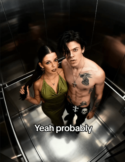TikTok AI celebrity elevator trend video featuring a young woman next to Yungblud.