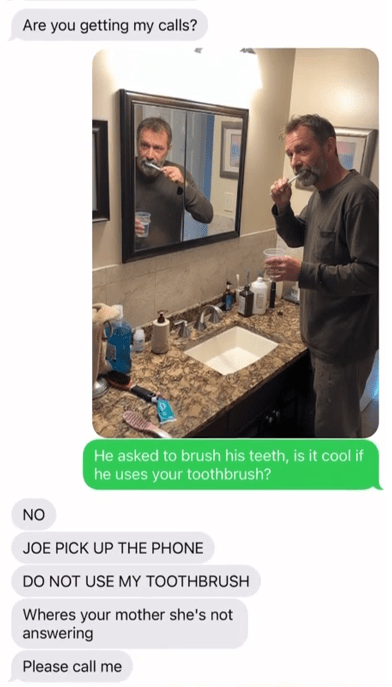 TikTok video showing a text exchange with an AI image of a homeless man brushing his teeth.