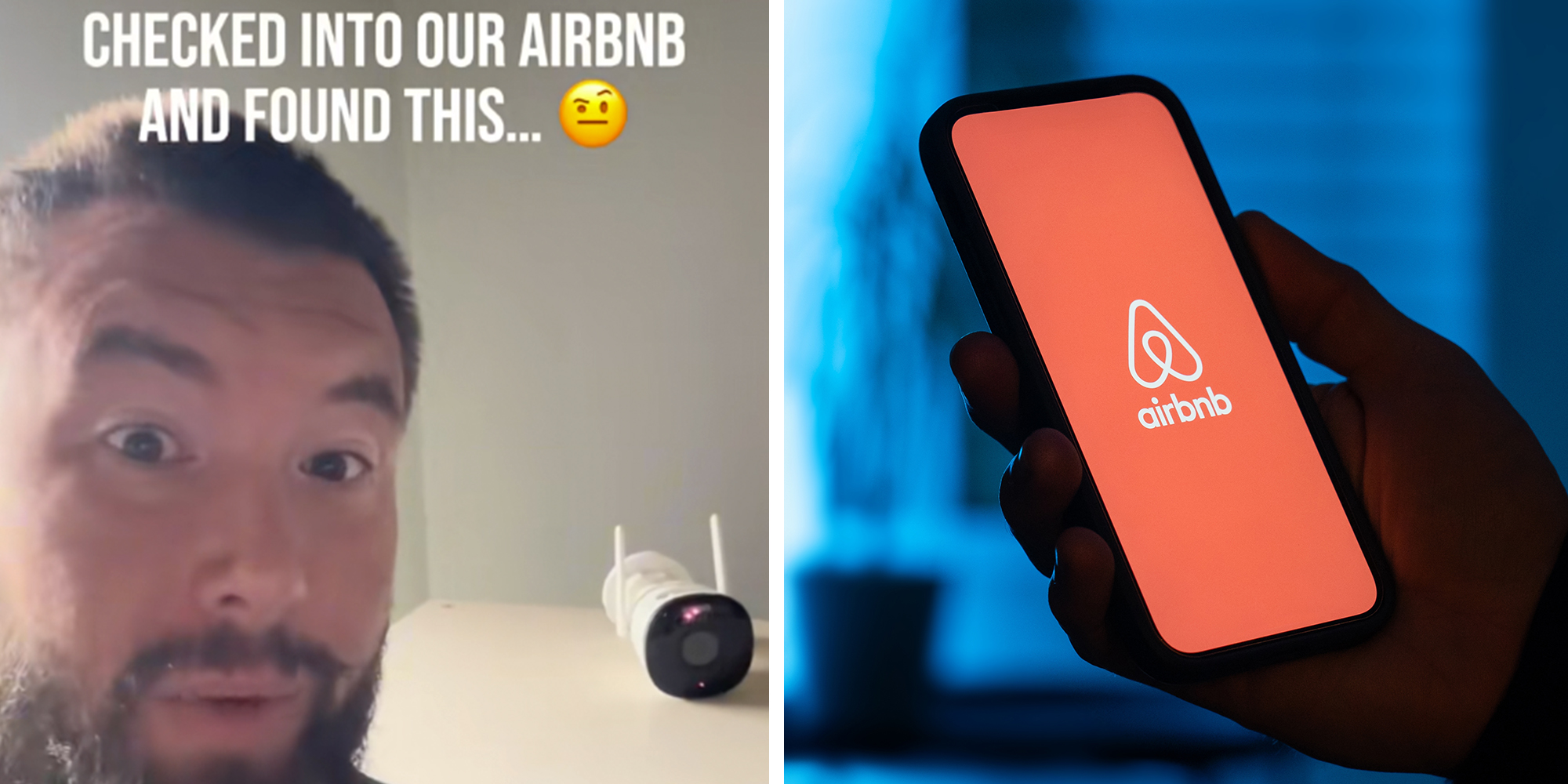 Left: Man looking into the phone camera as a large blinking recording device sits behind him at his rental Airbnb. Right: Airbnb App Logo on a Smartphone Screen.