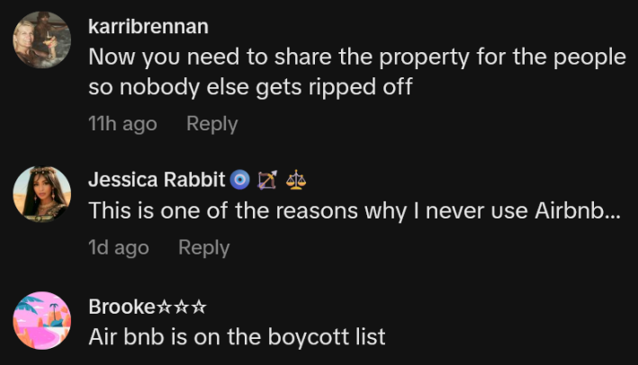 TikTok comments including one reading "Now you need to share the property for the people so nobody else gets ripped off"