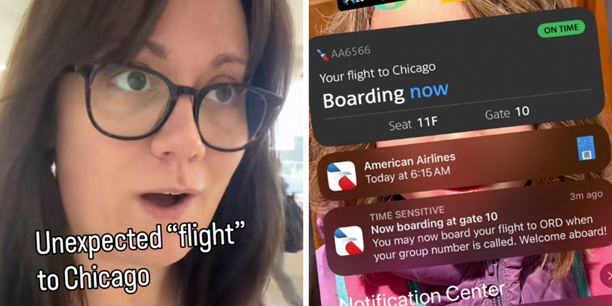 Left: Woman in glasses walking, text overlay reads, "unexpected 'flight' to chicago." Right: Screenshot of phone screen showing American Airlines boarding pass.