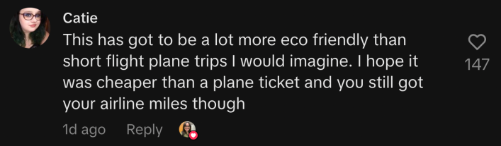 Alternatively, @kitkat135.ca suggested American Airlines is just doing the best it can. “This has got to be a lot more eco friendly than short flight plane trips I would imagine,” she wrote. “I hope it was cheaper than a plane ticket and you still got your airline miles though.”