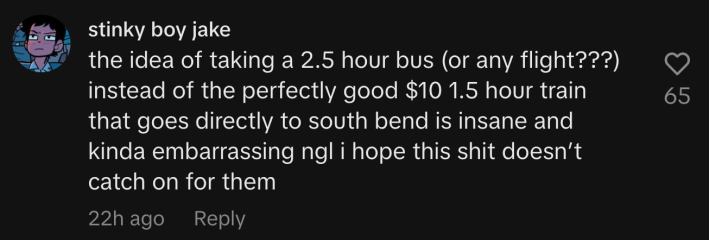 “The idea of taking a 2.5 hour bus (or any flight???) instead of the perfectly good $10 1.5 hour train that goes directly to South Bend is insane and kinda embarrassing ngl I hope this shit doesn’t catch on for them.”