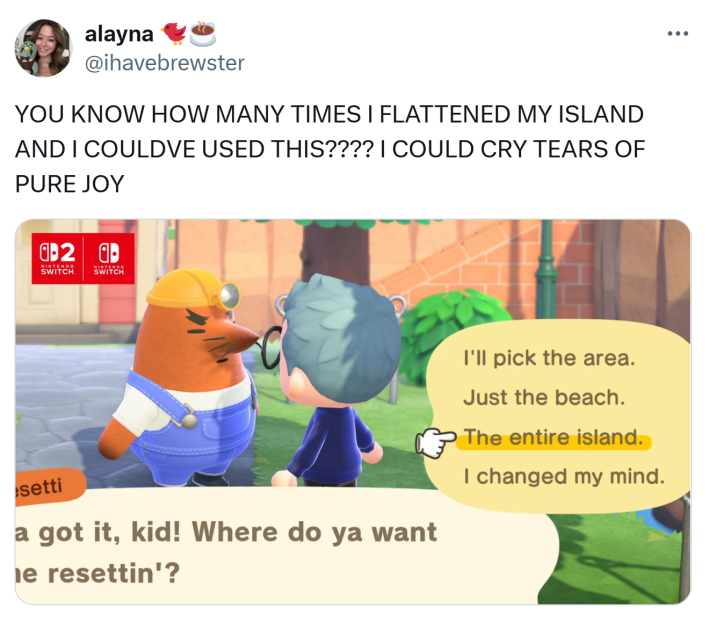 Tweet that reads, "YOU KNOW HOW MANY TIMES I FLATTENED MY ISLAND AND I COULDVE USED THIS???? I COULD CRY TEARS OF PURE JOY"