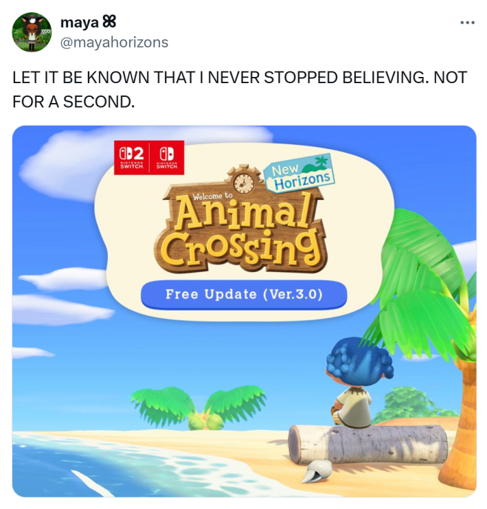 Tweet that reads, "LET IT BE KNOWN THAT I NEVER STOPPED BELIEVING. NOT FOR A SECOND."