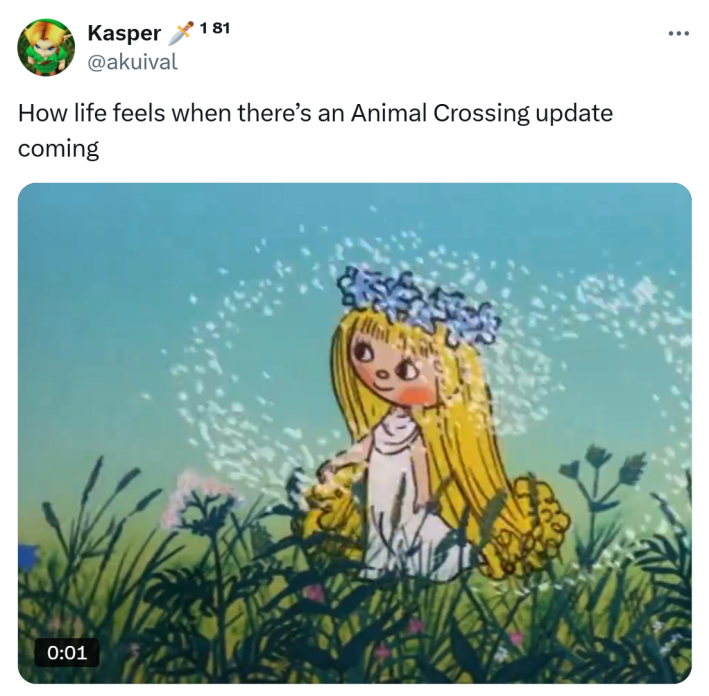 Tweet that reads, "How life feels when there’s an Animal Crossing update coming" with a GIF of a drawn little girl dancing.