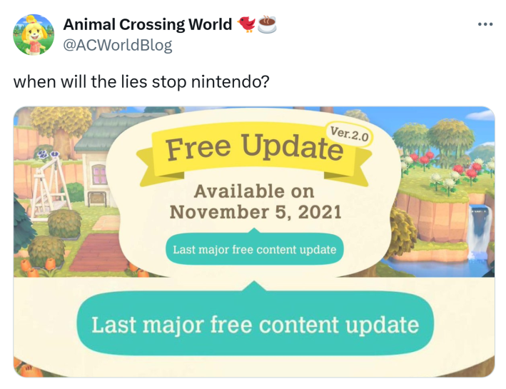 Tweet that reads, "when will the lies stop nintendo?" with a zoom in on the "last major free content update" notice from November 5, 2021.