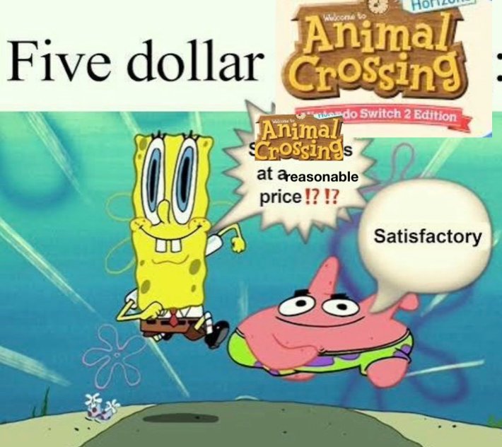Meme of SpongeBob Squarepants and Patrick excited about the Animal Crossing update.