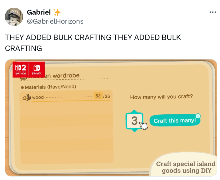 Tweet that reads, "THEY ADDED BULK CRAFTING THEY ADDED BULK CRAFTING" with a screenshot of the game.
