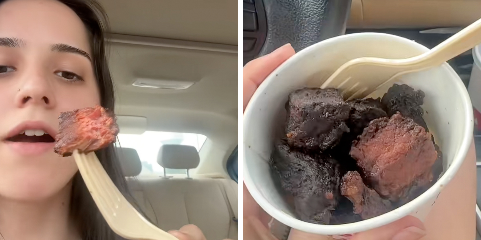 Left: Woman in her car holding a piece of Arby's steak nugget on a fork while trying it. Right: Cup full of Arby's new steak nuggets.