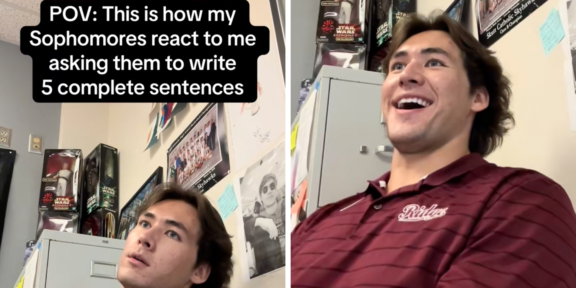 Sophomore teacher sitting in his classroom in a maroon shirt, text overlay reads, "POV: This is how my sophomores react to me asking them to write 5 complete sentences."
