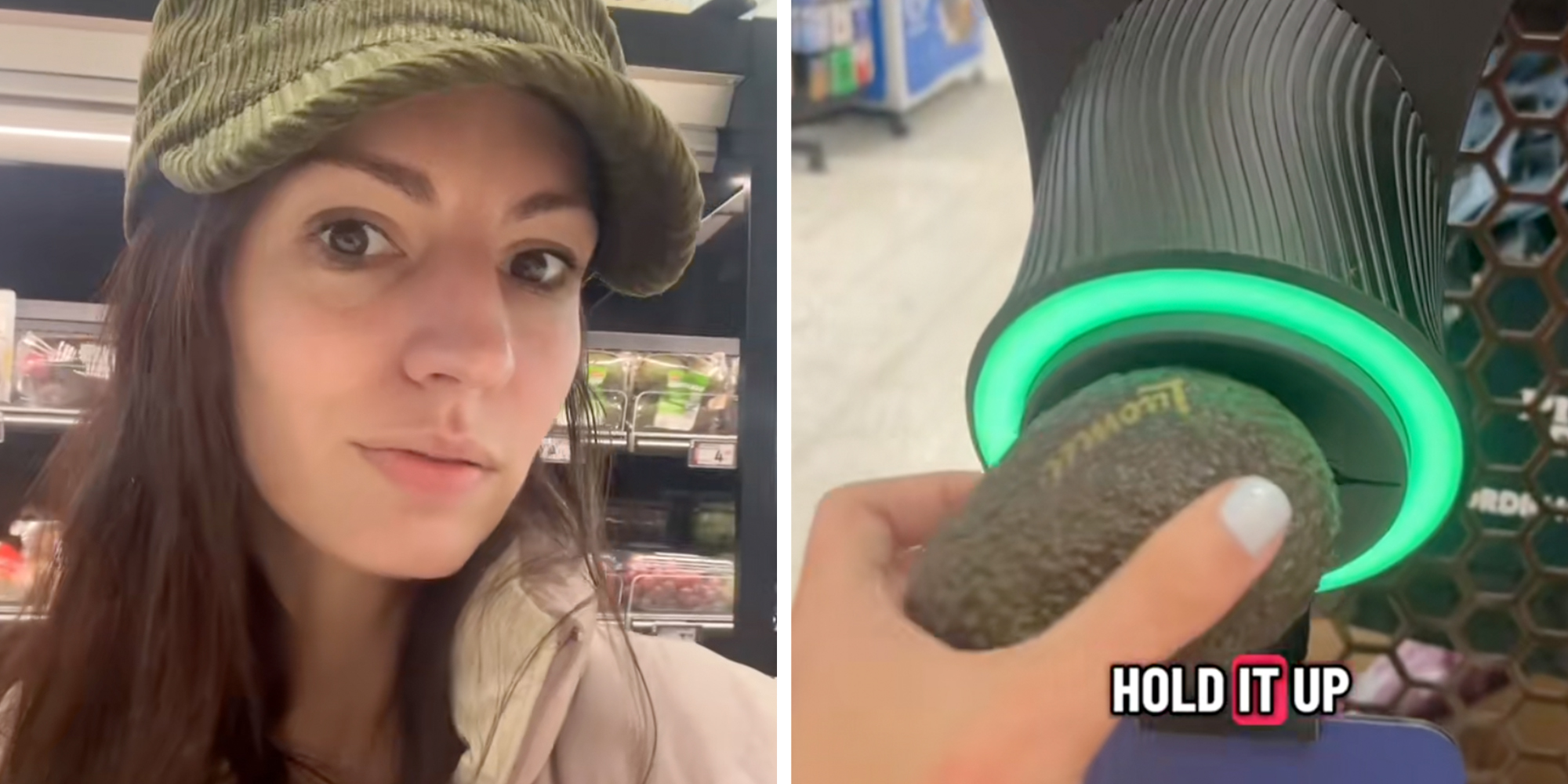 Left: Woman in a grocery store in Finland looking into the camera. Right: Woman's hand holding avocado to ripeness scanner in a grocery store.