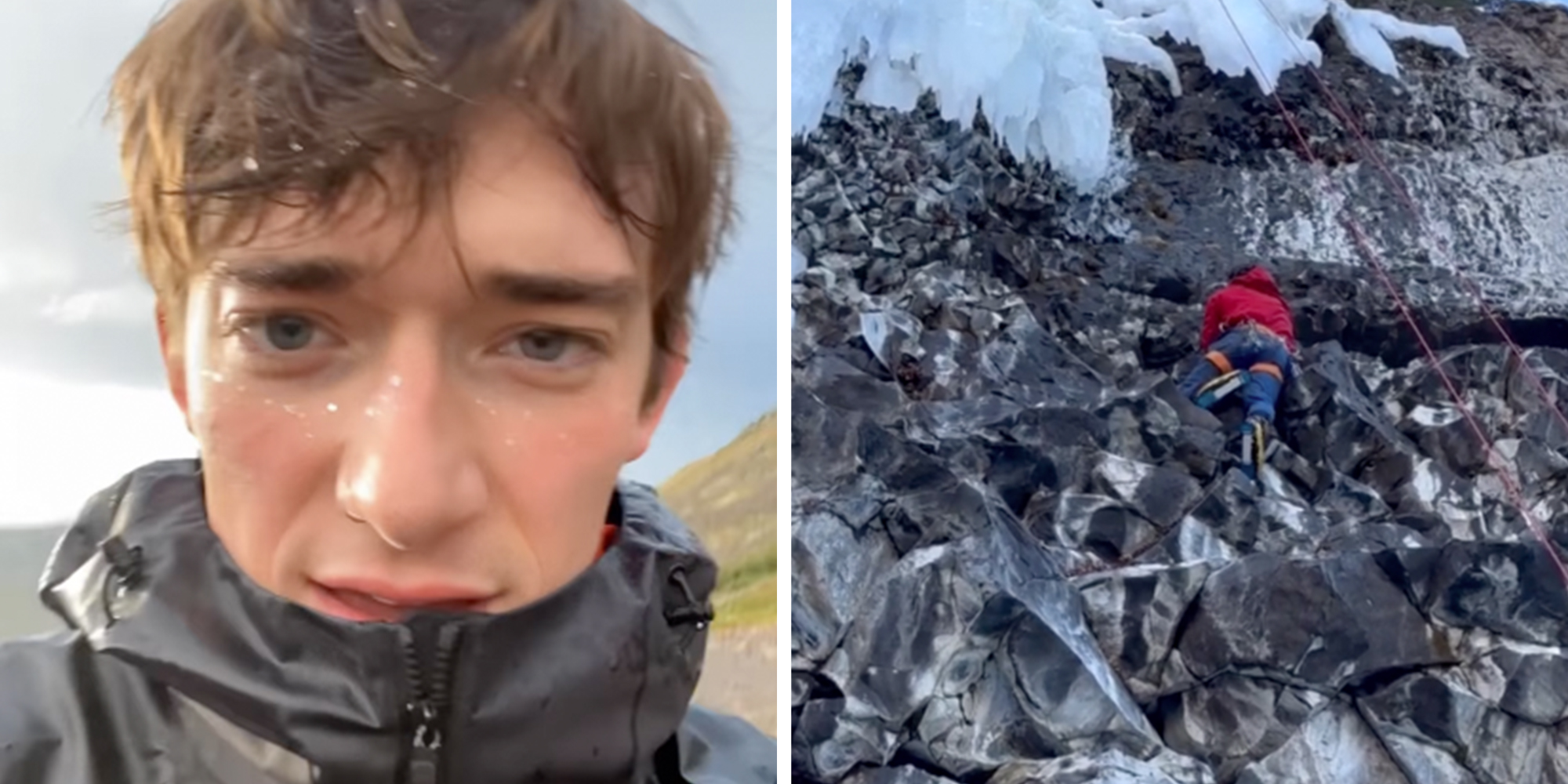 Left: Climber Balin Miller with snow on his face and hair. Right: Climber Balin Miller scaling a cliff.