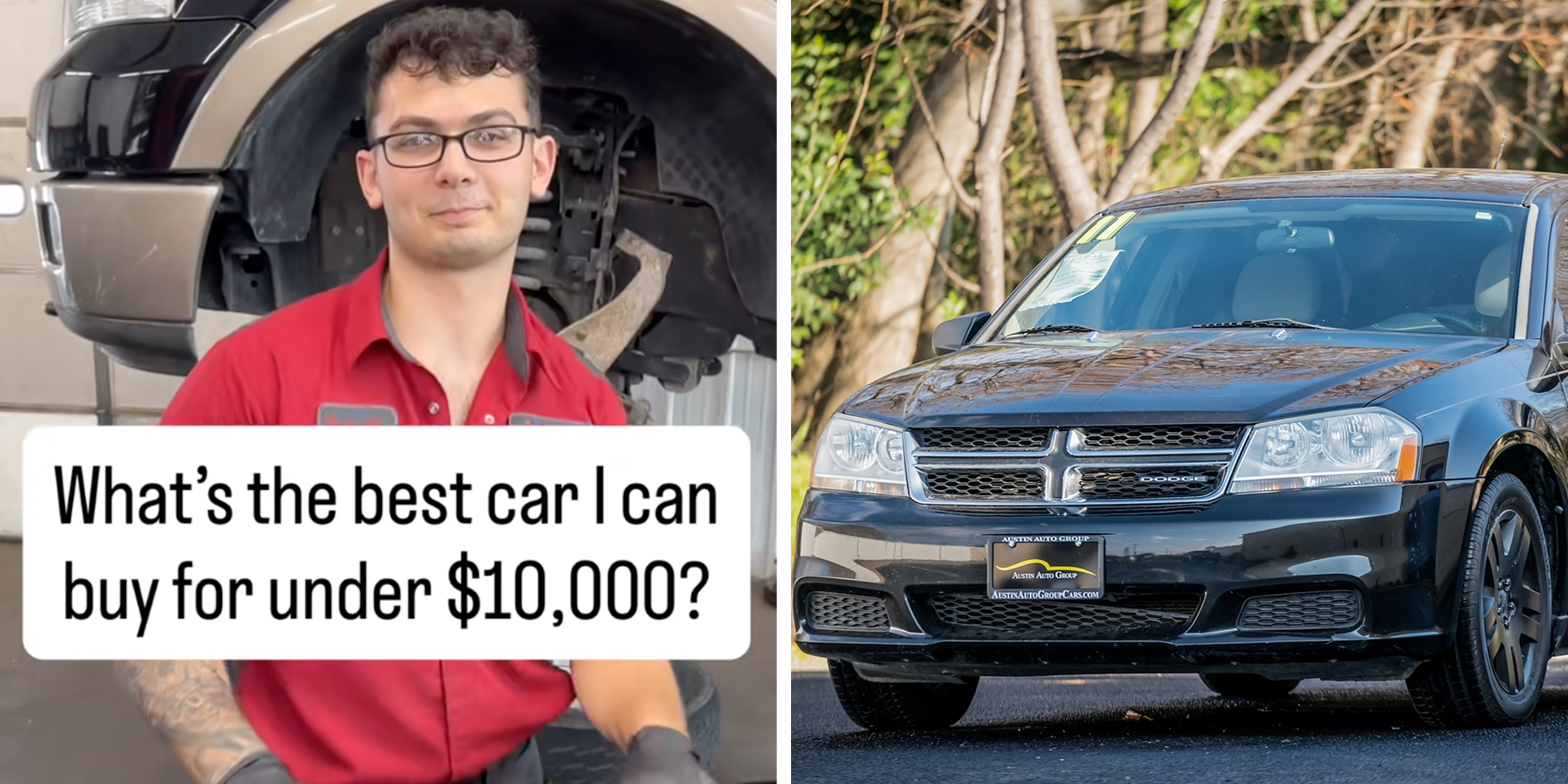 Left: Mechanic in a red shirt standing in front of a car in a car garage underneath text overlay reading, "What's the best car I can buy for under $10,000?" Right: Portland, OR, USA February 25, 2024 Black Dodge Avenger parked showing the front bumper.