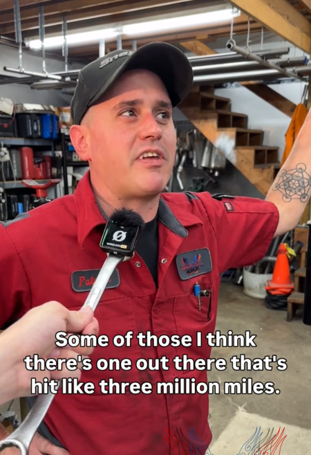 TikTok video of a car mechanic saying "Some of those I think there's one out there that's hit like three million miles."