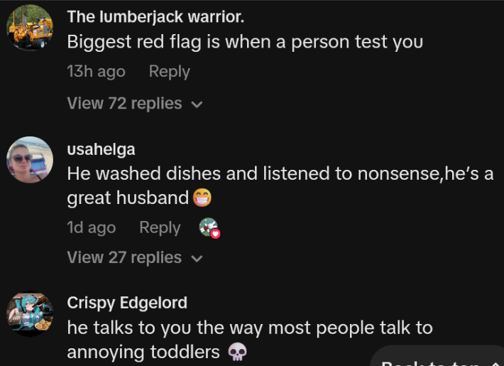 TikTok comments including one reading "Biggest red flag is when a person test you"
