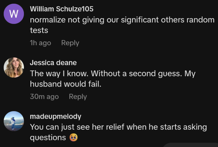 TikTok comments including one reading "normalize not giving our significant others random tests"