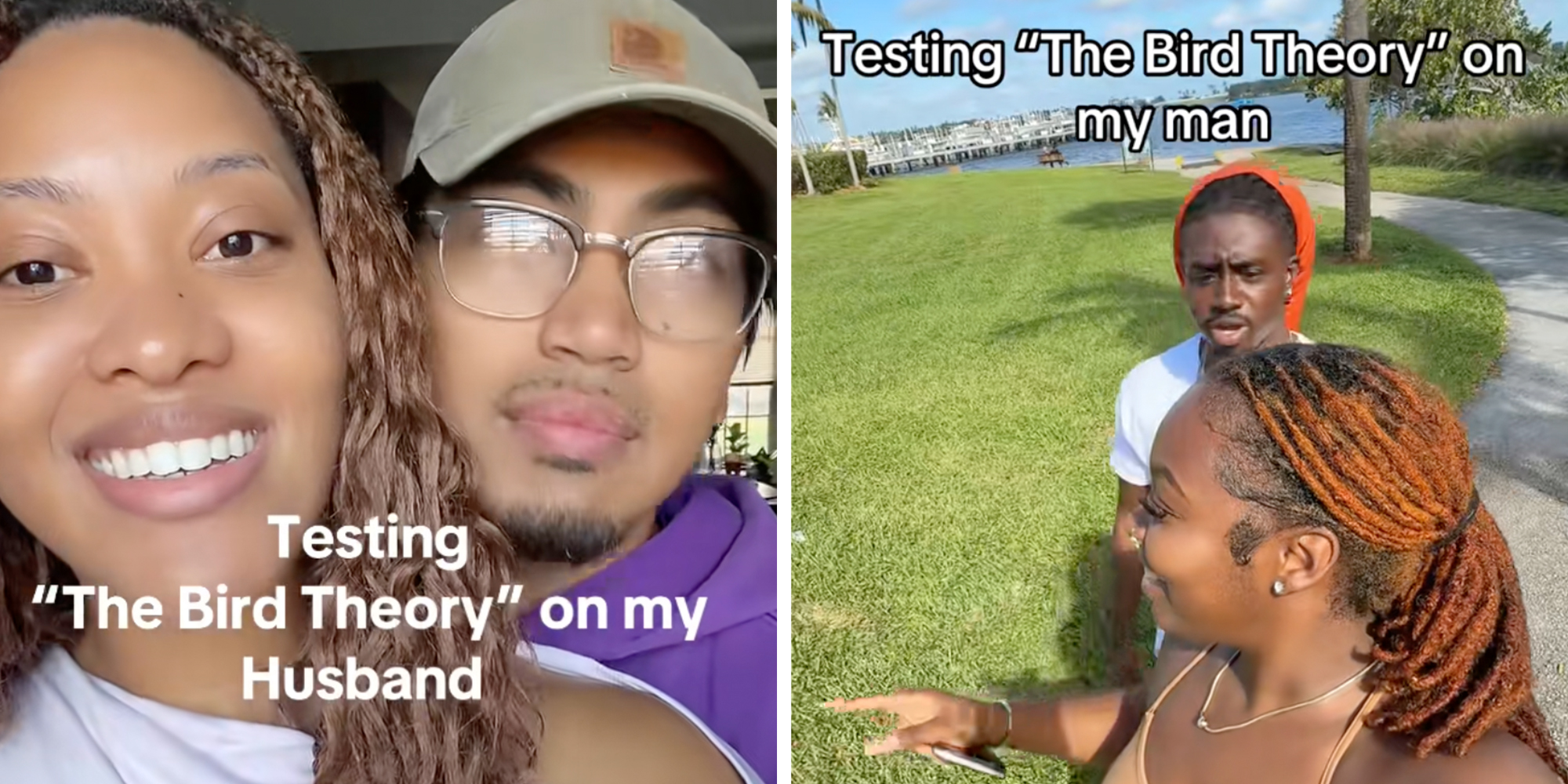 Left: Couple looking into camera under text reading, "testing the bird theory on my husband." Right: Couple walking in a park, woman pointing, man looks confused, text overlay reads, "Testing 'the bird theory' on my man."