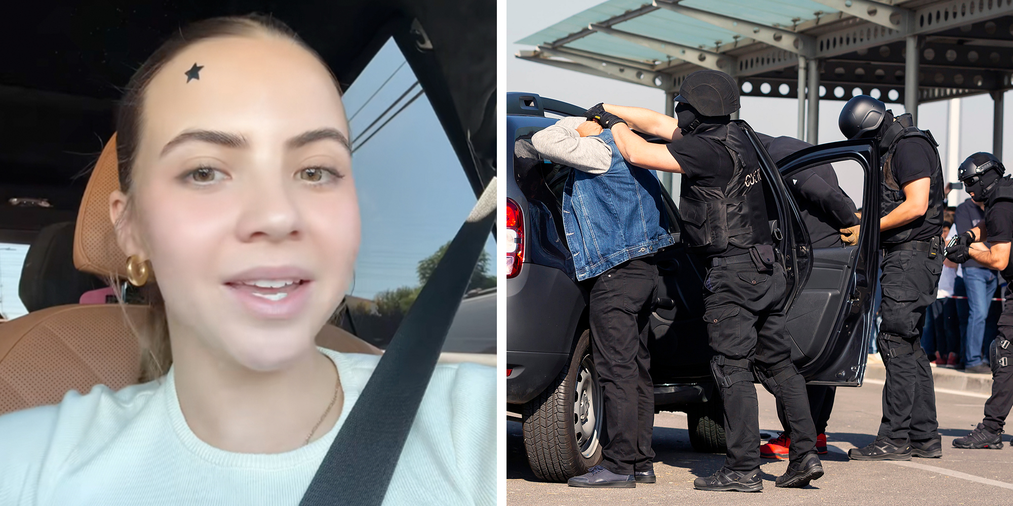 Left: Podcaster and influencer Bobbi Althoff speaking into the camera while sitting in her car. Right: Customs and border protection officers and Drug enforcement administration special forces participate in a training at the airport for searching and seizing drugs.