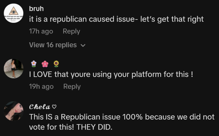 TikTok comments including one reading "I LOVE that youre using your platform for this !"