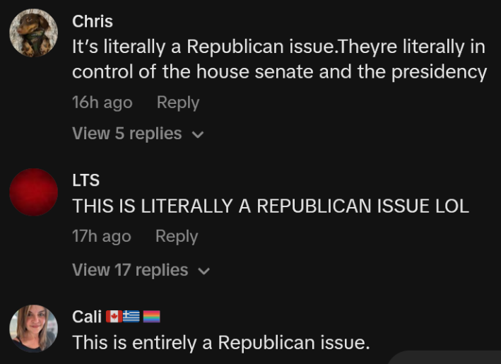 TikTok comments including one reading "It’s literally a Republican issue.Theyre literally in control of the house senate and the presidency"