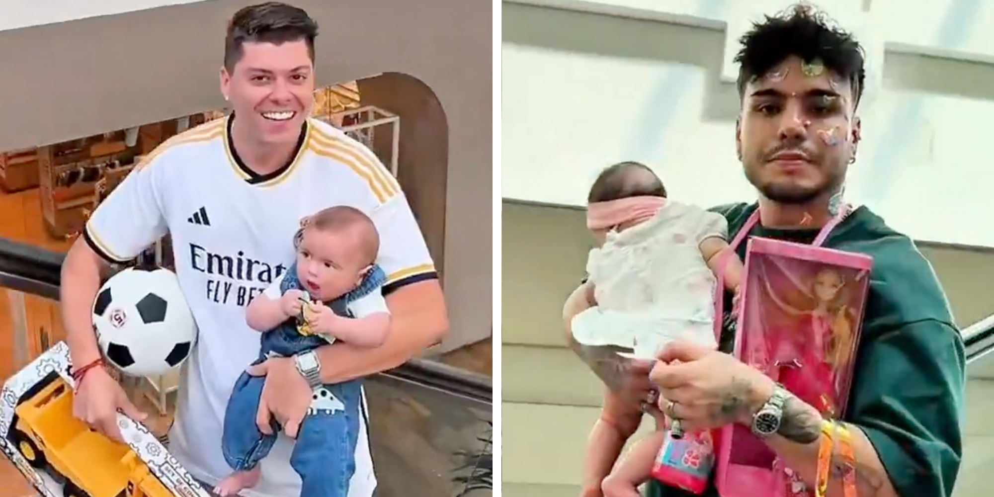 Left: "Boy dad" man in a soccer jersey holding his infant son along with a soccer ball and toy truck. Right: "Girl dad" Man holding infant girl and a barbie doll.