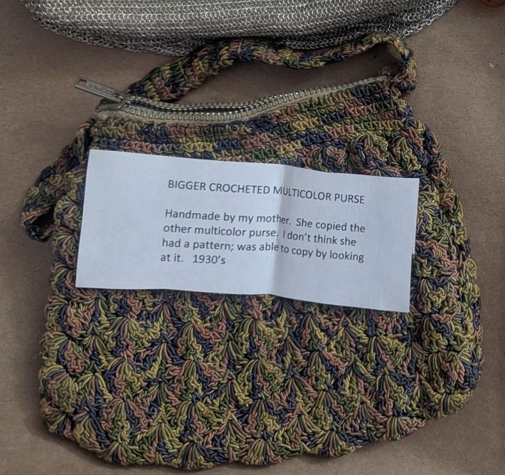 vintage purse with note that reads. "handmade by my mother. she copied the other multicolor purse. i don't think she had a pattern; was able to copy by looking at it. 1930s"