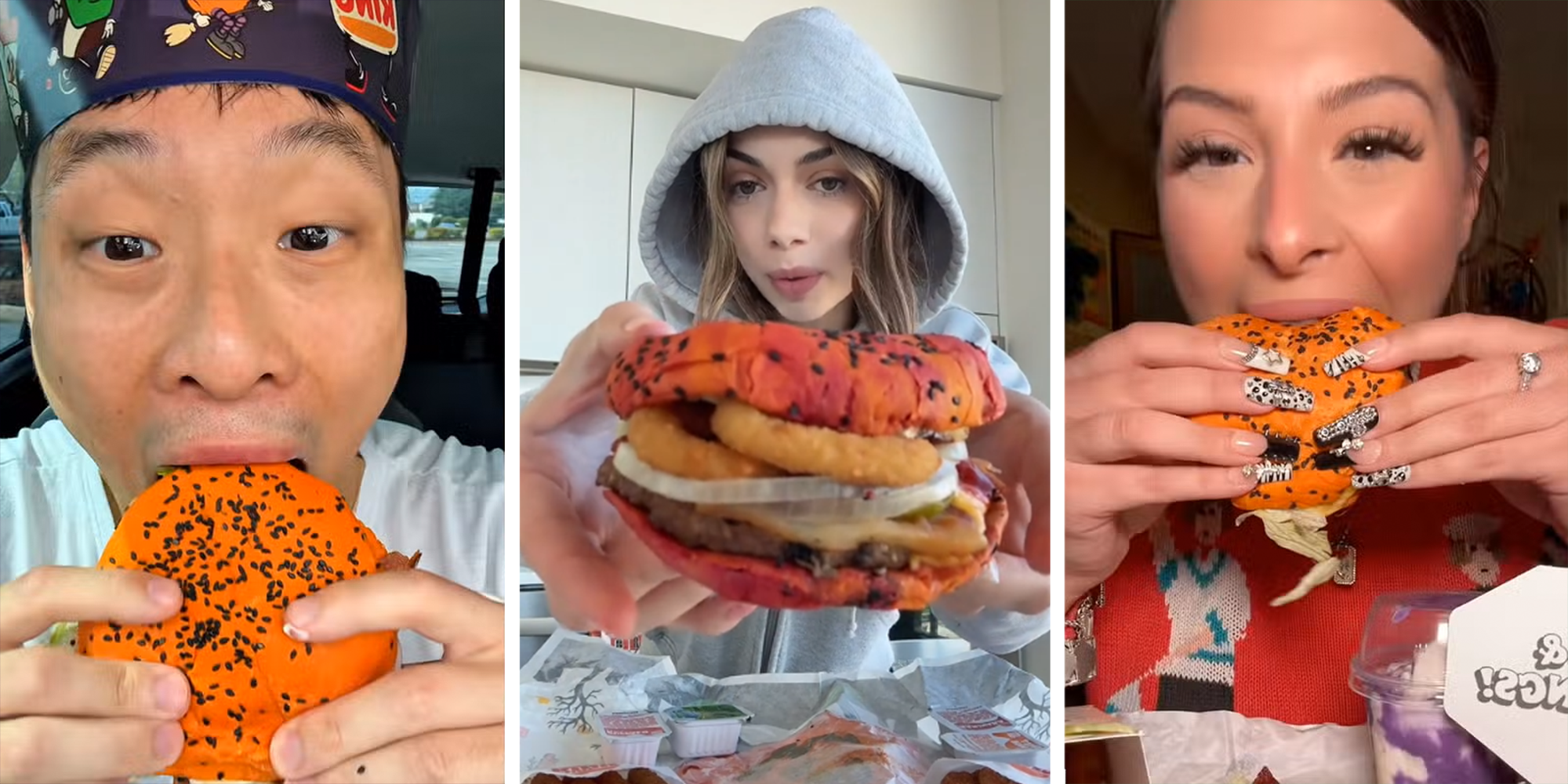 3 Panel: Left: Man in his car in a burger king crown eating the orange Halloween Whopper. Middle: Woman in a hoodie showing the camera the orange Halloween Whopper. Right: Woman in a red sweater showing the camera the orange Halloween Whopper