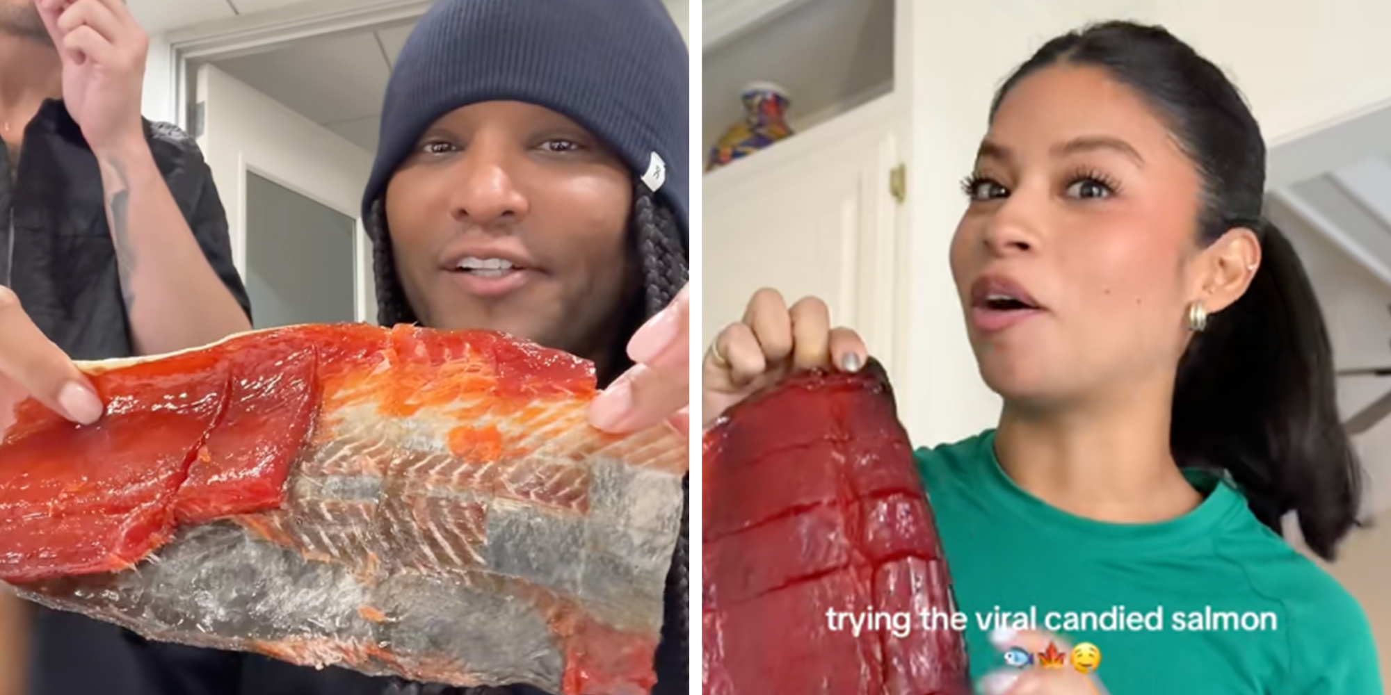 Left: Celebrity stylist Law Roach holding up Solovey's Candy Salmon. Right: Woman with dark hair in a ponytail and turquoise shirt holding up Solovey's Candy Salmon.