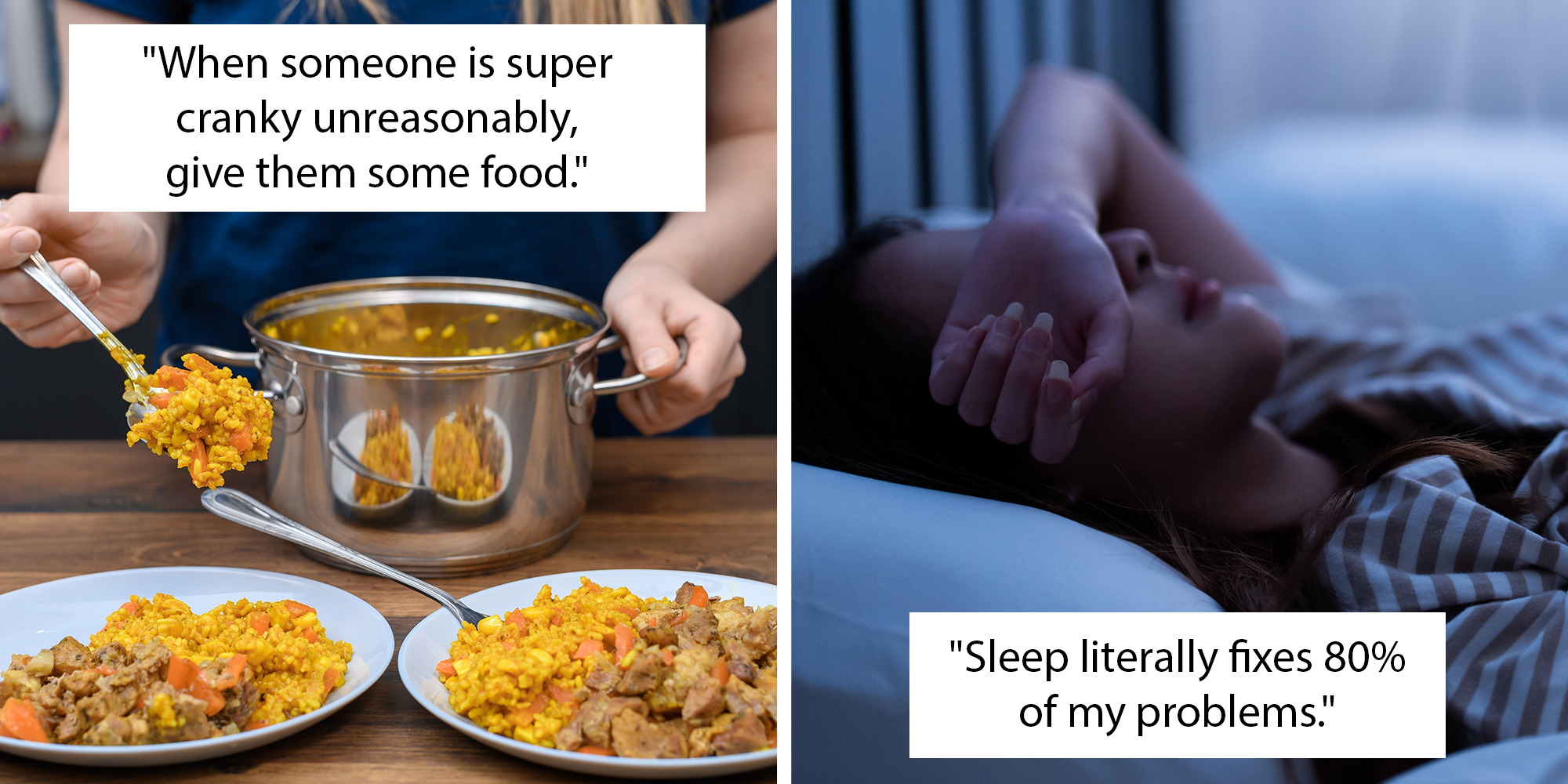 Left: Woman's hand serving rice and chicken onto two plates on a wooden table. Right: Woman lying awake in bed with a blurred background with her arm over her face.