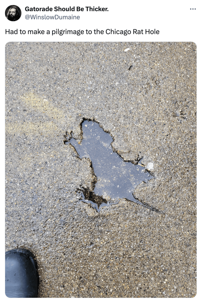 Tweet that reads, "Had to make a pilgrimage to the Chicago Rat Hole" with a photo of the rat hole.