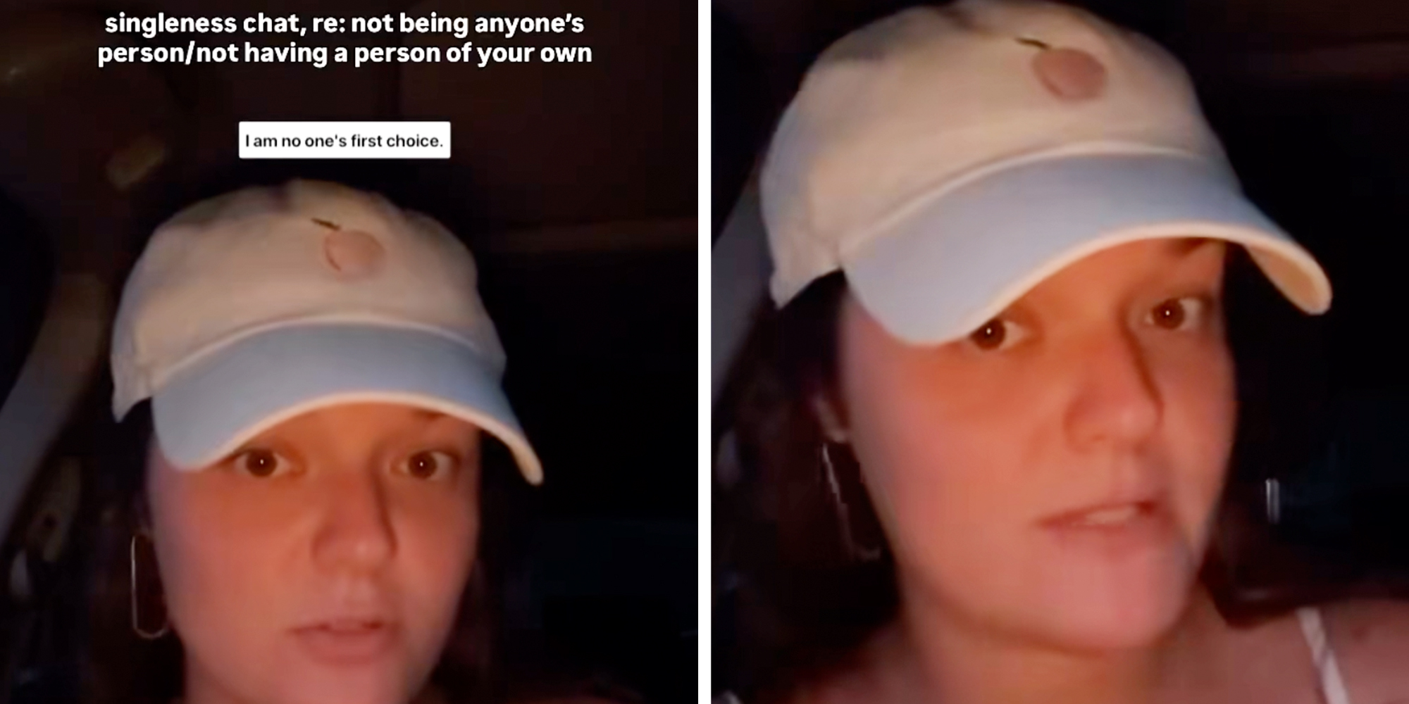 Woman in a dark room in a baseball cap speaking into the camera.