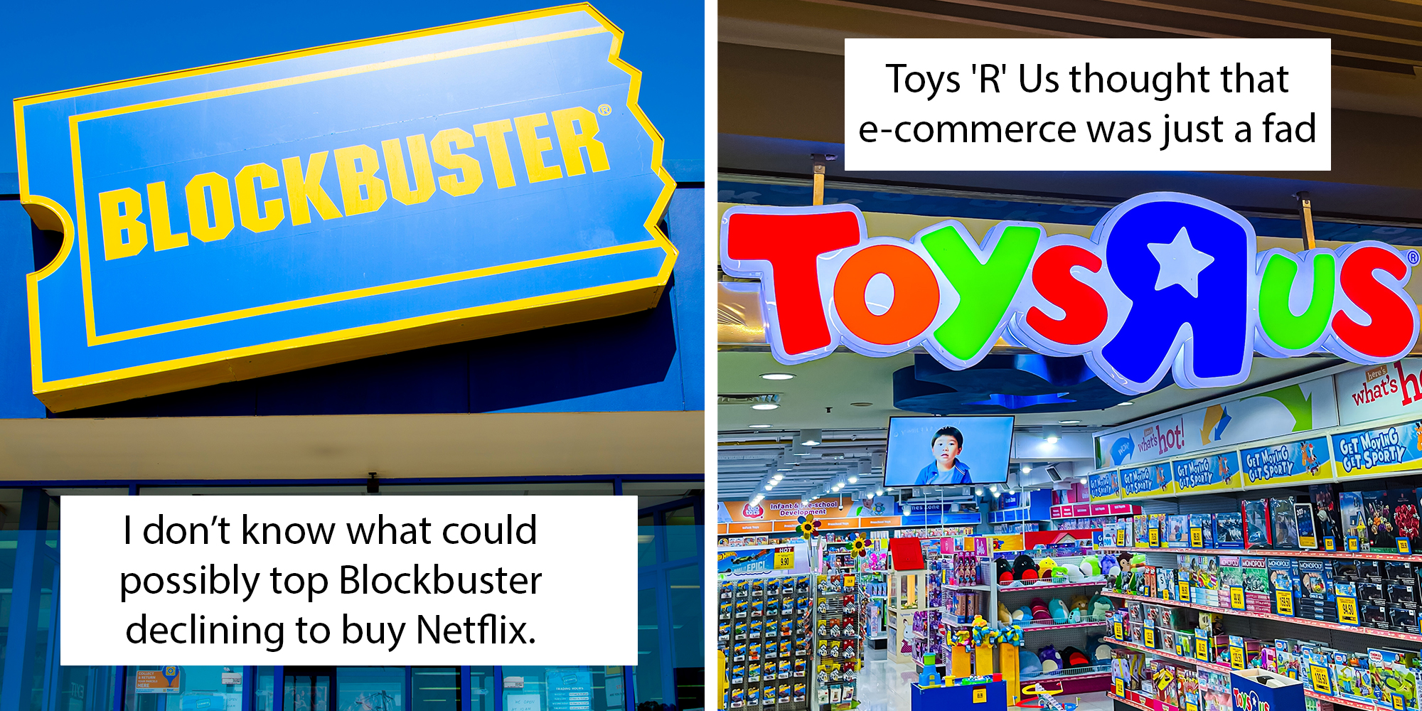 Left: The last Blockbuster video store in Australia closing down in the suburb of Morley. Right: Front view of Toys 'R' Us retail store.