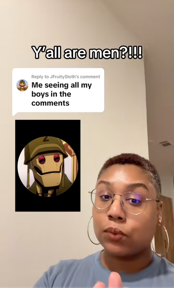 TikToker looking shocked in a good way, one finger raised. "Y'all are men?!!!" is in the text overlay.